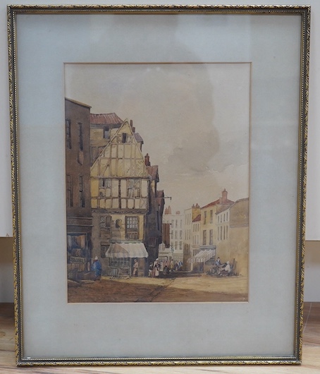 19th century School, watercolour, Street scene with figures, unsigned, 31 x 23cm. Condition - fair